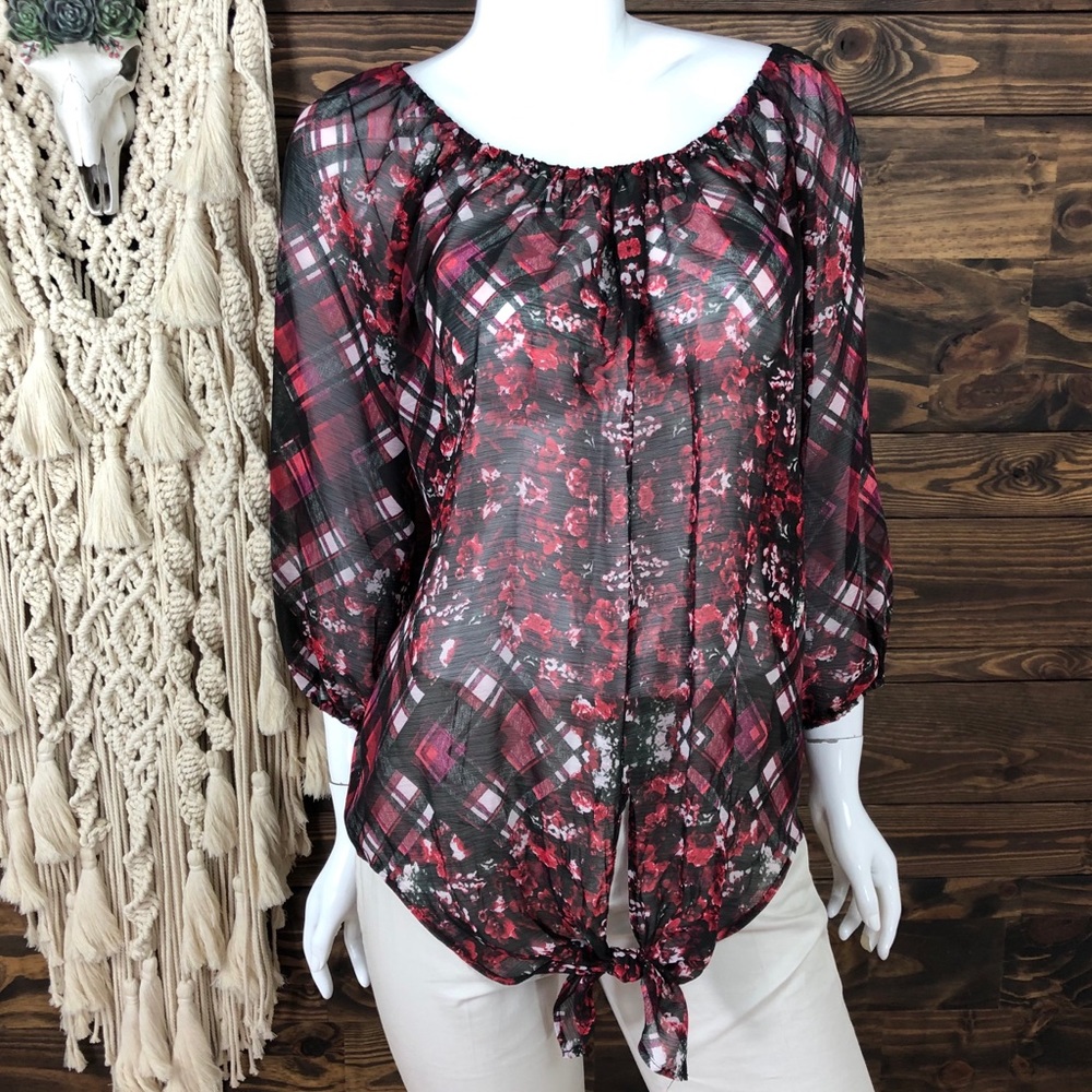 JohnPaulRichard | Sheer Off Shoulder Floral Plaid